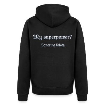 Humorous superpower sentence with wit - Unisex Premium Organic Zip Hoodie - black - Back - Nico (187cm)