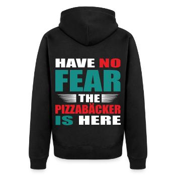 Have no Fear the Pizzabäcker is here Outfit - Unisex Premium Bio Zip Hoodie - Schwarz - Hinten - Nico (187cm)
