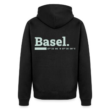 Basel Koordinaten - Unisex Premium Bio Zip Hoodie - Schwarz - Hinten - Nico (187cm)