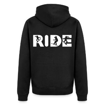 Snowboard Schriftzug RIDE – Weißes Design - Unisex Premium Bio Zip Hoodie - Schwarz - Hinten - Nico (187cm)