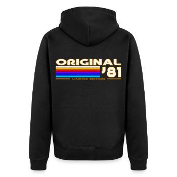 Originaler 81er Vintage Rainbow - Unisex Premium Bio Zip Hoodie - Schwarz - Hinten - Nico (187cm)
