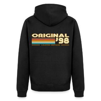 Originale 98er Retro-Streifen - Unisex Premium Bio Zip Hoodie - Schwarz - Hinten - Nico (187cm)