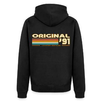 Originale 91er Retro-Streifen - Unisex Premium Bio Zip Hoodie - Schwarz - Hinten - Nico (187cm)