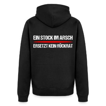 Stock im Arsch Spruch – Freches Fun Shirt - Unisex Premium Bio Zip Hoodie - Schwarz - Hinten - Nico (187cm)