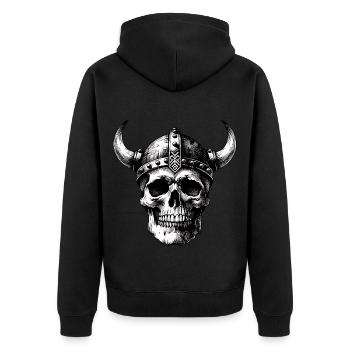 Skull mit Helm und Hörnern auf Farbklecksen - Unisex Premium Bio Zip Hoodie - Schwarz - Hinten - Nico (187cm)