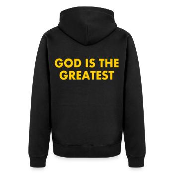 god is the greatest - Unisex Premium Bio Zip Hoodie - Schwarz - Hinten - Nico (187cm)