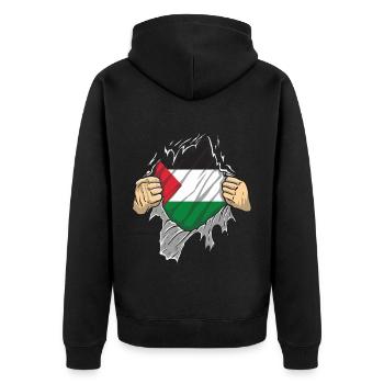 mains qui déchire un t-shirt et drapeau palestine - Veste à capuche bio Premium Unisexe - noir - Dos - Nico (187cm)