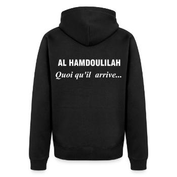 Design Kalligraphie Al Hamdoulah - Unisex Premium Bio Zip Hoodie - Schwarz - Hinten - Nico (187cm)