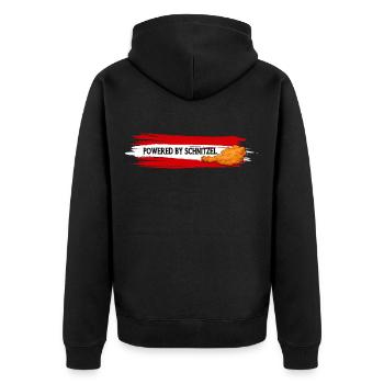 Powered By Schnitzel Österreich Humor Shirt - Unisex Premium Bio Zip Hoodie - Schwarz - Hinten - Nico (187cm)