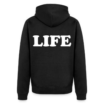 That says Life The Word Life - Unisex Premium Bio Zip Hoodie - Schwarz - Hinten - Nico (187cm)