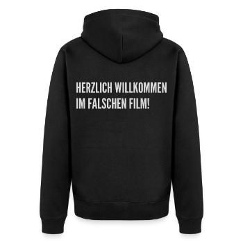 Willkommen im falschen Film - Lustiger Spruch - Unisex Premium Bio Zip Hoodie - Schwarz - Hinten - Nico (187cm)