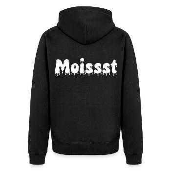 Feuchter tropfender Text - Unisex Premium Bio Zip Hoodie - Schwarz - Hinten - Nico (187cm)