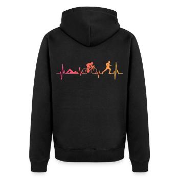 Triathlon Sunset Heartbeat Triathlet - Unisex Premium Bio Zip Hoodie - Schwarz - Hinten - Nico (187cm)