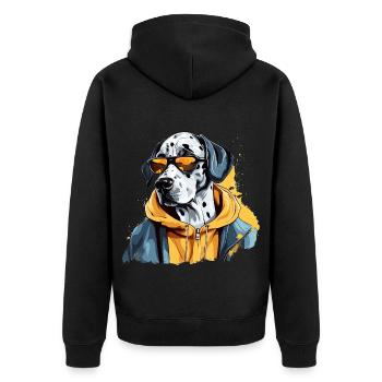 Held Skizze | Dalmatinischer Feuerwehrmann - Unisex Premium Bio Zip Hoodie - Schwarz - Hinten - Nico (187cm)