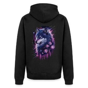 Galaktischer Wolf im Sternenwald - Unisex Premium Bio Zip Hoodie - Schwarz - Hinten - Nico (187cm)