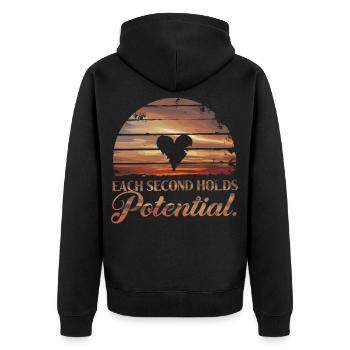 Jeder Moment zählt, Nutze jede Sekunde - Unisex Premium Bio Zip Hoodie - Schwarz - Hinten - Nico (187cm)