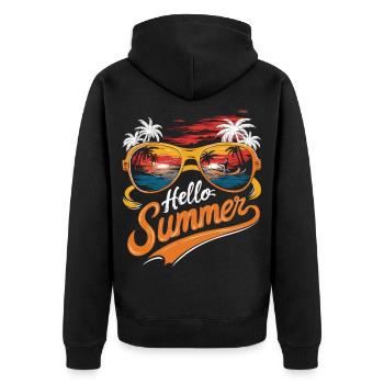 Hello Summer - Surfen und Sonnen genießen - Unisex Premium Bio Zip Hoodie - Schwarz - Hinten - Nico (187cm)