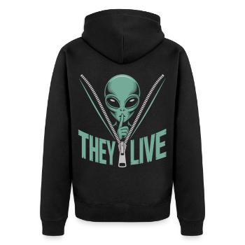 Alien im Reißverschluss – Sie leben - Unisex Premium Bio Zip Hoodie - Schwarz - Hinten - Nico (187cm)