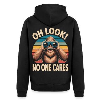 Dicton sarcastique du Bigfoot - « Tout le monde s’en fiche » - Veste à capuche bio Premium Unisexe - noir - Dos - Nico (187cm)