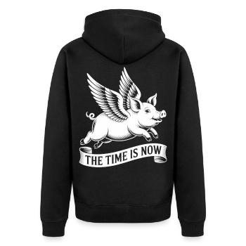 Die Zeit ist jetzt – Flieg, Schwein, flieg - Unisex Premium Bio Zip Hoodie - Schwarz - Hinten - Nico (187cm)