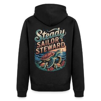 Schildkröten, Ozean und Leuchtturm - Unisex Premium Bio Zip Hoodie - Schwarz - Hinten - Nico (187cm)