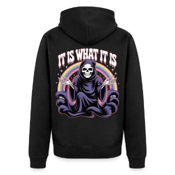 Schwarzer Humor mit Stil - Unisex Premium Bio Zip Hoodie - Schwarz - Hinten - Nico (187cm)
