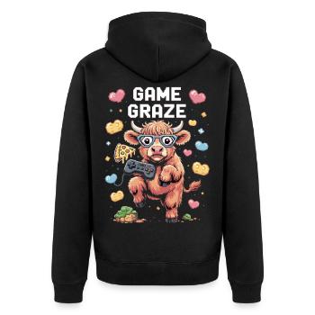Gamer cow in pixel fever - Unisex Premium Organic Zip Hoodie - black - Back - Nico (187cm)