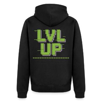 LVL UP Gamer Shirt – Pixel Look - Unisex Premium Bio Zip Hoodie - Schwarz - Hinten - Nico (187cm)