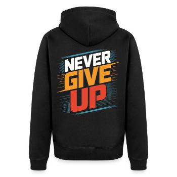 Motivation pur: Niemals aufgeben und weitermachen - Unisex Premium Bio Zip Hoodie - Schwarz - Hinten - Nico (187cm)
