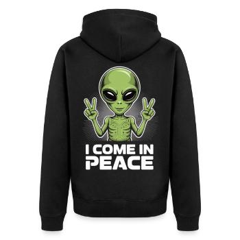 Lustiges Alien „I Come in Peace“ - Unisex Premium Bio Zip Hoodie - Schwarz - Hinten - Nico (187cm)