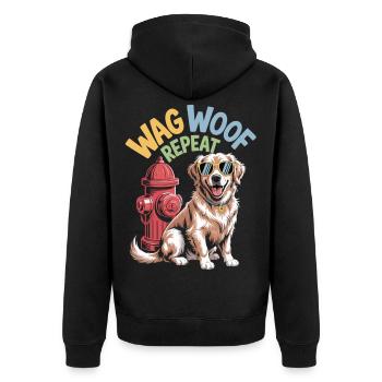 Wag Woof Repeat - Stylischer Hund mit Sonnenbrille - Unisex Premium Bio Zip Hoodie - Schwarz - Hinten - Nico (187cm)