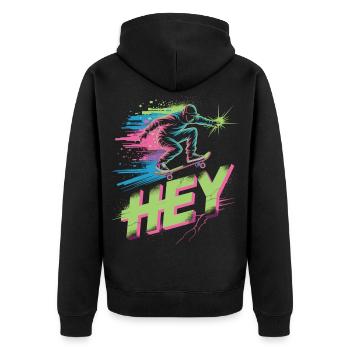 Neon Skater HEY – Retro Streetwear - Unisex Premium Bio Zip Hoodie - Schwarz - Hinten - Nico (187cm)