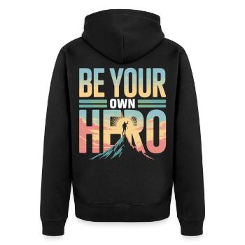 Sei dein eigener Held – Motivationsshirt - Unisex Premium Bio Zip Hoodie - Schwarz - Hinten - Nico (187cm)