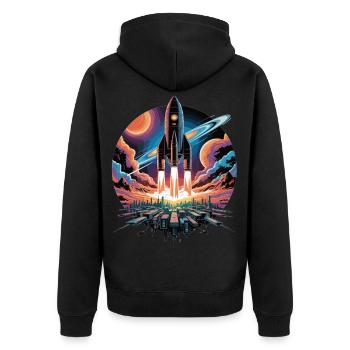 Stylischer Weltraumflug mit Rakete - Unisex Premium Bio Zip Hoodie - Schwarz - Hinten - Nico (187cm)