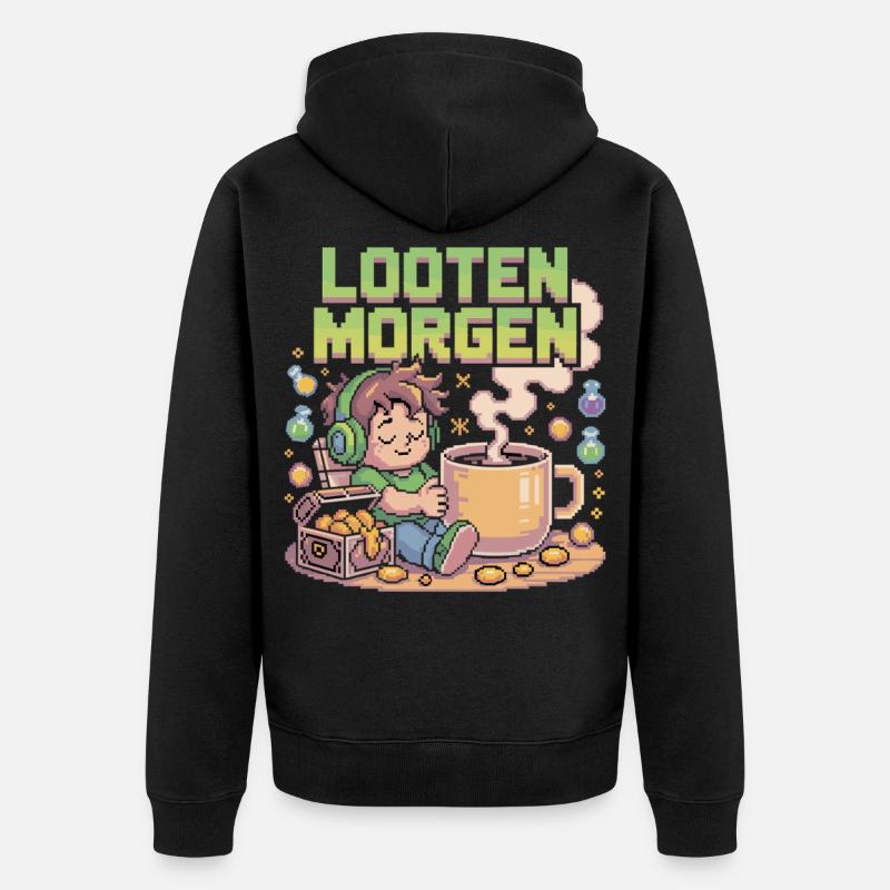 Pixel Kaffee und Loot - Unisex Premium Bio Zip Hoodie - Schwarz