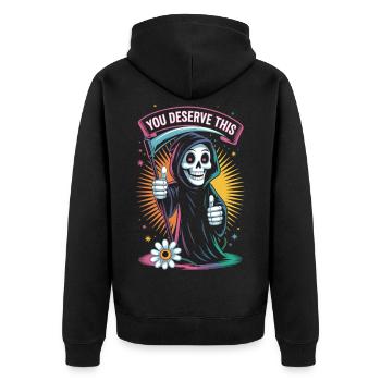 You Deserve This Sensemann Shirt - Unisex Premium Bio Zip Hoodie - Schwarz - Hinten - Nico (187cm)