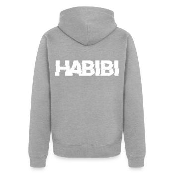 Habibi Schriftzug - Unisex Premium Bio Zip Hoodie - Grau meliert - Hinten - Nico (187cm)