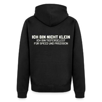 Nicht klein tiefergelegt Lustiger Spruch Tuning - Unisex Premium Bio Zip Hoodie - Schwarz - Hinten - Nico (187cm)
