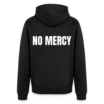 NO MERCY – Streetwear Bold Shirt - Unisex Premium Bio Zip Hoodie - Schwarz - Hinten - Nico (187cm)
