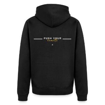 Überschreite deine Grenzen – Disziplin-Mindset-Design - Unisex Premium Bio Zip Hoodie - Schwarz - Hinten - Nico (187cm)
