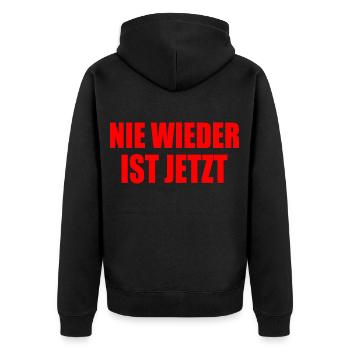 Nie wieder ist jetzt - Unisex Premium Bio Zip Hoodie - Schwarz - Hinten - Nico (187cm)