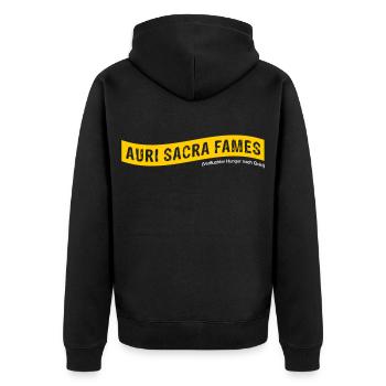 Auri sacra fames (lateinisch) >Vectorgraphic - Unisex Premium Bio Zip Hoodie - Schwarz - Hinten - Nico (187cm)