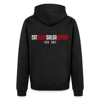 Eat Sleep Salsa Repeat – 123-567 - Unisex Premium Bio Zip Hoodie - Schwarz - Hinten - Nico (187cm)