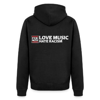 Love Music Hate Racism - Unisex Premium Bio Zip Hoodie - Schwarz - Hinten - Nico (187cm)
