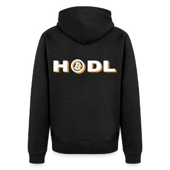 Bitcoin - Hodl - Unisex Premium Bio Zip Hoodie - Schwarz - Hinten - Nico (187cm)