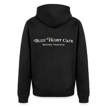 Blue Front Café Blues Vintage - Unisex Premium Bio Zip Hoodie - Schwarz - Hinten - Nico (187cm)