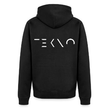 TEKNO – Rave Free Party Acid Tekno - Unisex Premium Bio Zip Hoodie - Schwarz - Hinten - Nico (187cm)
