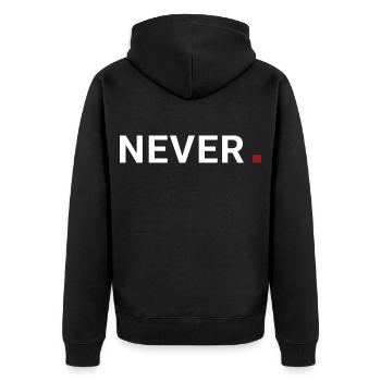 Never punkt.Niemals ist damit gemeint. Motivation - Unisex Premium Bio Zip Hoodie - Schwarz - Hinten - Nico (187cm)