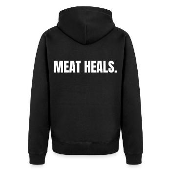 MEAT HEALS | Carnivore Animal Based Lifestyle - Unisex Premium Bio Zip Hoodie - Schwarz - Hinten - Nico (187cm)