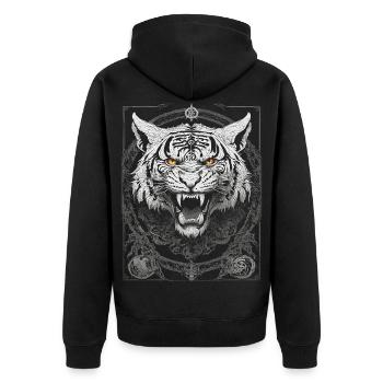 TIGER TRIBAL GOTHIC TATTOO TATTOO NATUR METALL - Unisex Premium Bio Zip Hoodie - Schwarz - Hinten - Nico (187cm)